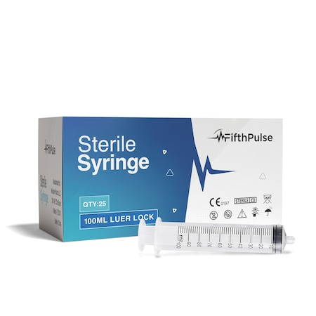 Fifthpulse 100ml Luer Lock Syringe NO Needle Measurement Dispensing, Sterile, Individually Wrapped, 25PK FMN100671